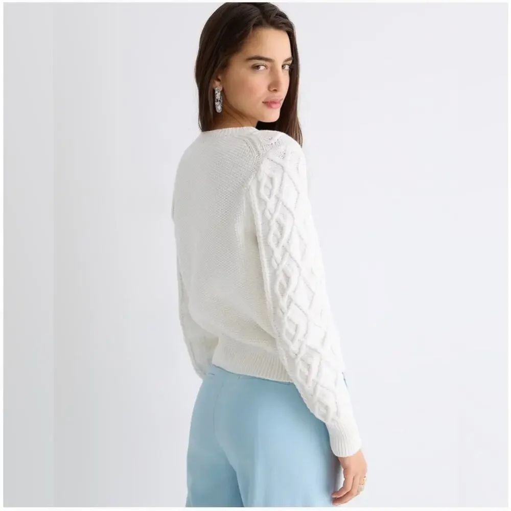 J. Crew White Cable-Knit Crewneck Sweater